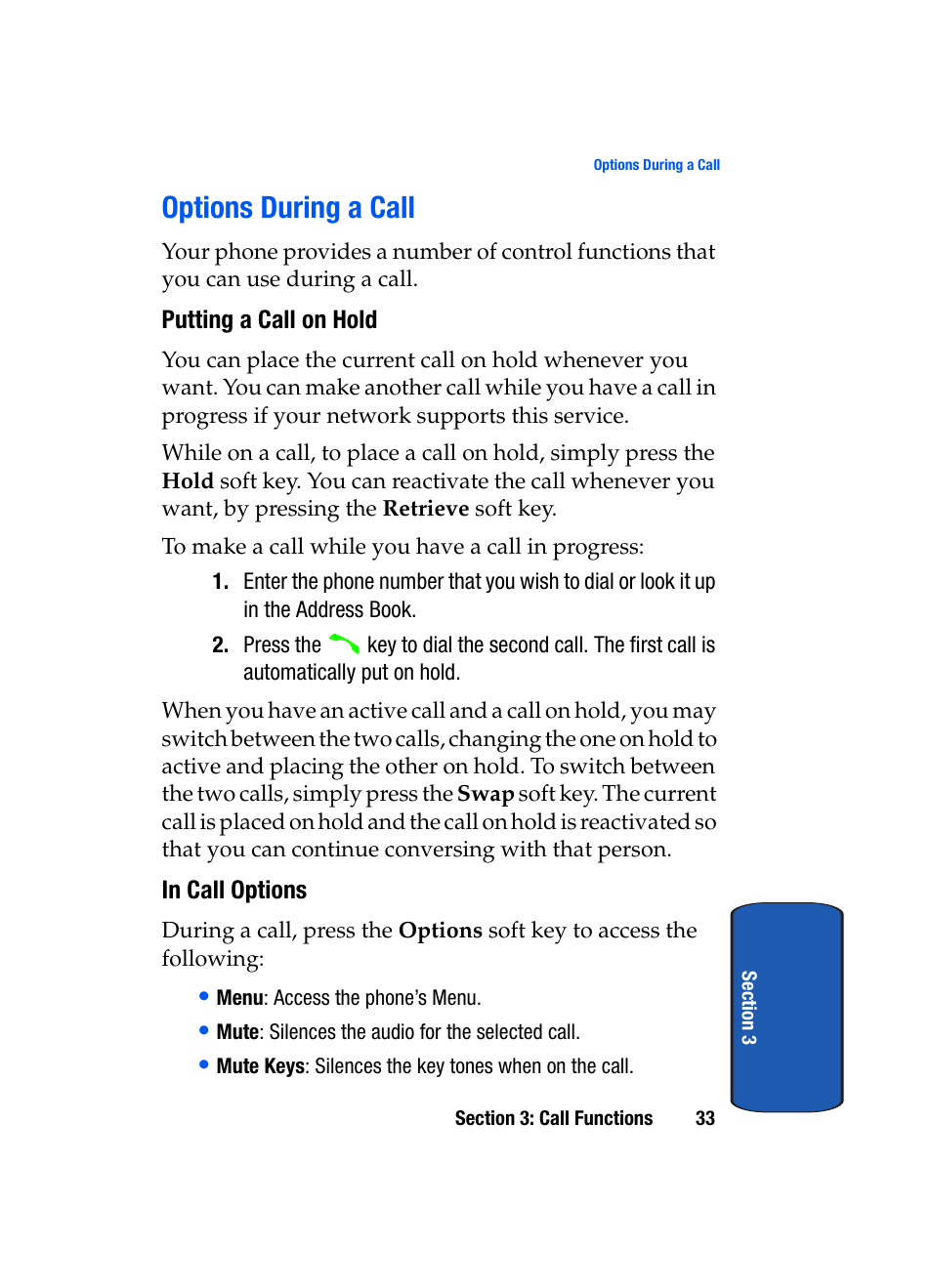 Options during a call | Samsung SEGD357MSACIN User Manual | Page 37 / 210