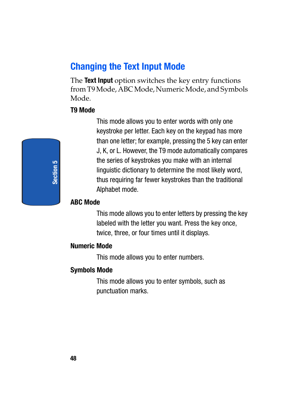 Changing the text input mode | Samsung SEGD357MSACIN User Manual | Page 52 / 210