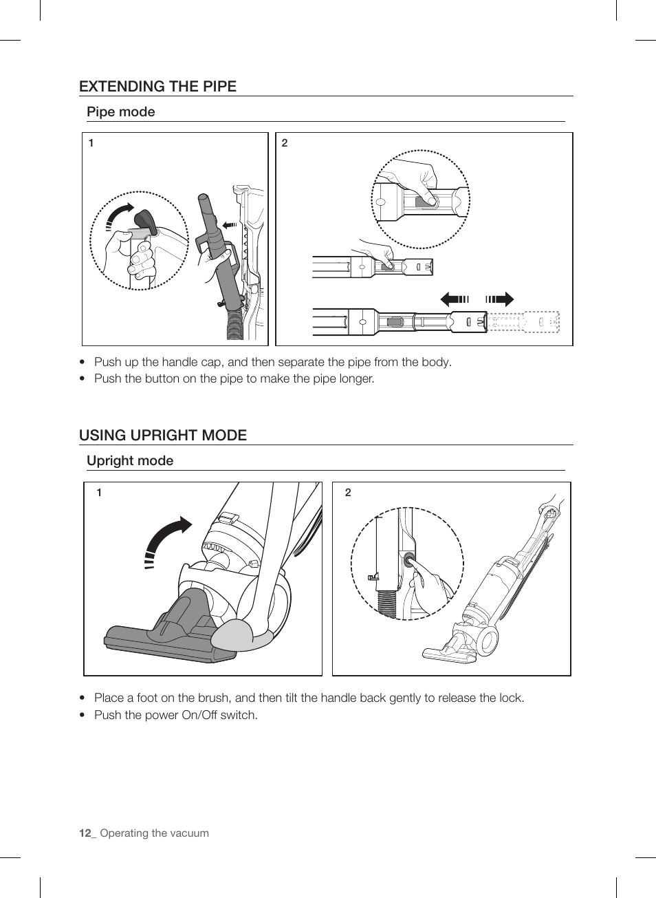 Extending the pipe, Using upright mode | Samsung VU12F40SBBT-AA User Manual | Page 12 / 84