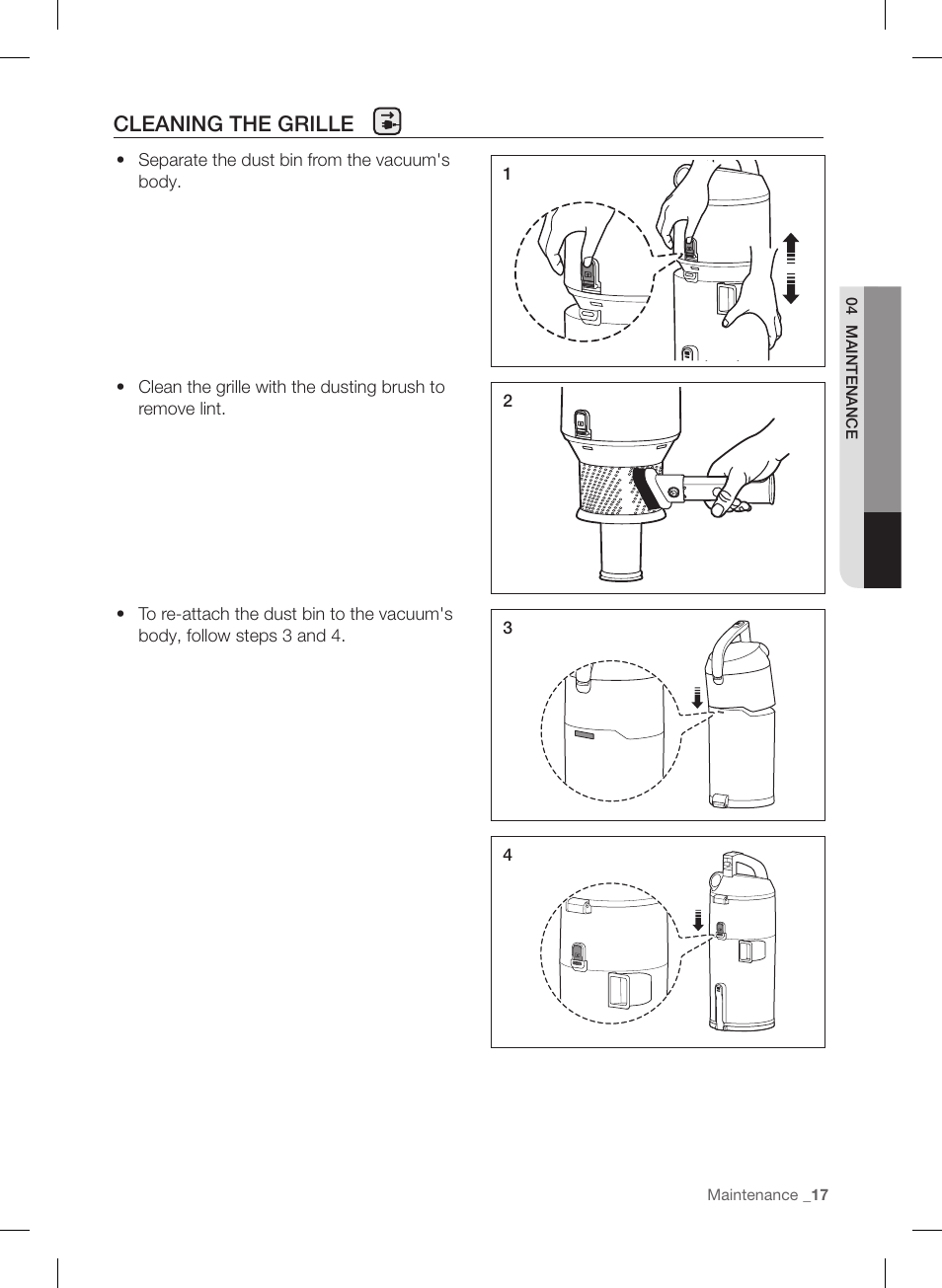 Cleaning the grille | Samsung VU12F40SBBT-AA User Manual | Page 17 / 84