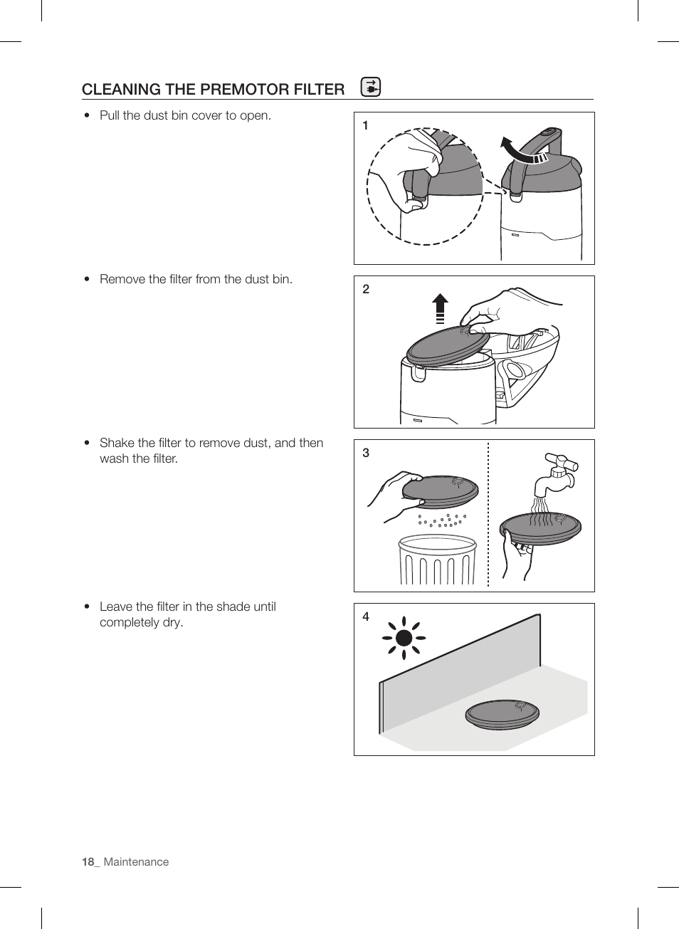 Cleaning the premotor filter | Samsung VU12F40SBBT-AA User Manual | Page 18 / 84