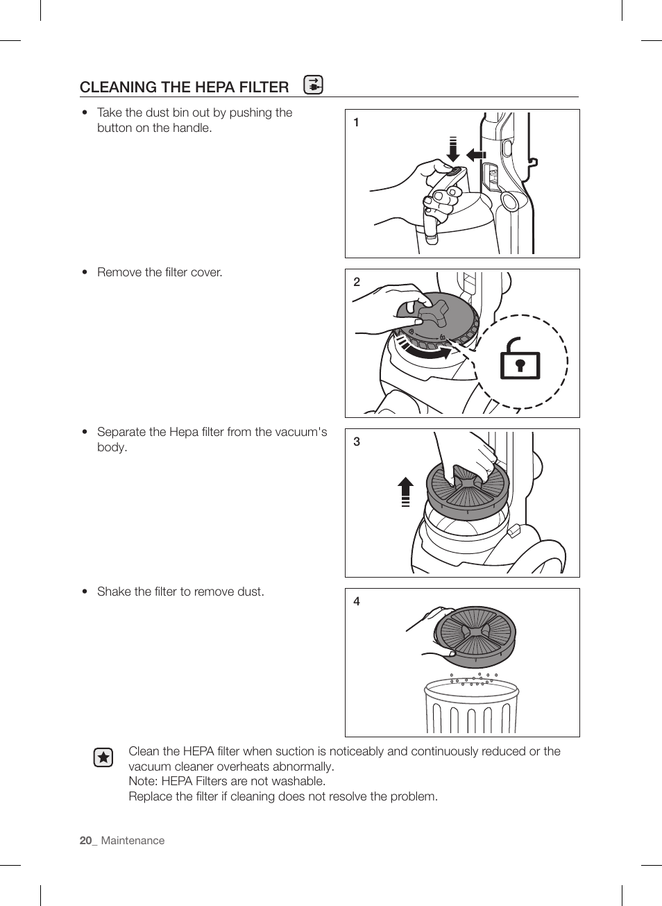 Cleaning the hepa filter | Samsung VU12F40SBBT-AA User Manual | Page 20 / 84