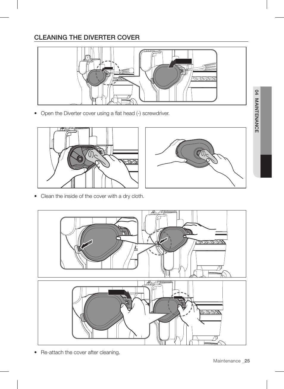 Cleaning the diverter cover | Samsung VU12F40SBBT-AA User Manual | Page 25 / 84