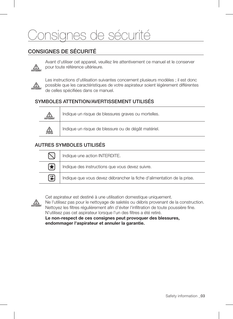 Consignes de sécurité | Samsung VU12F40SBBT-AA User Manual | Page 31 / 84