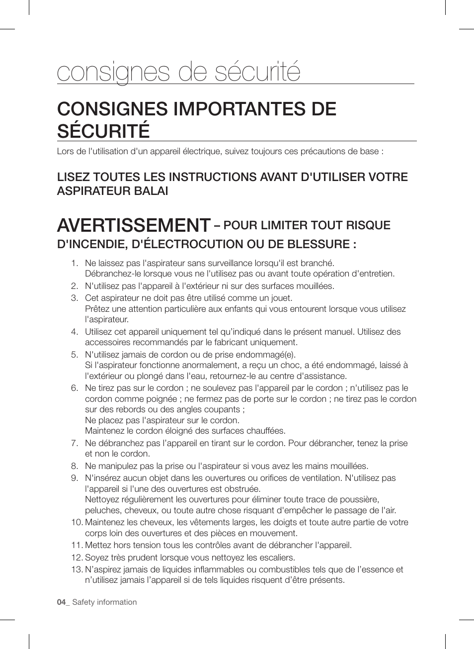 Consignes de sécurité, Consignes importantes de sécurité, Avertissement | Samsung VU12F40SBBT-AA User Manual | Page 32 / 84