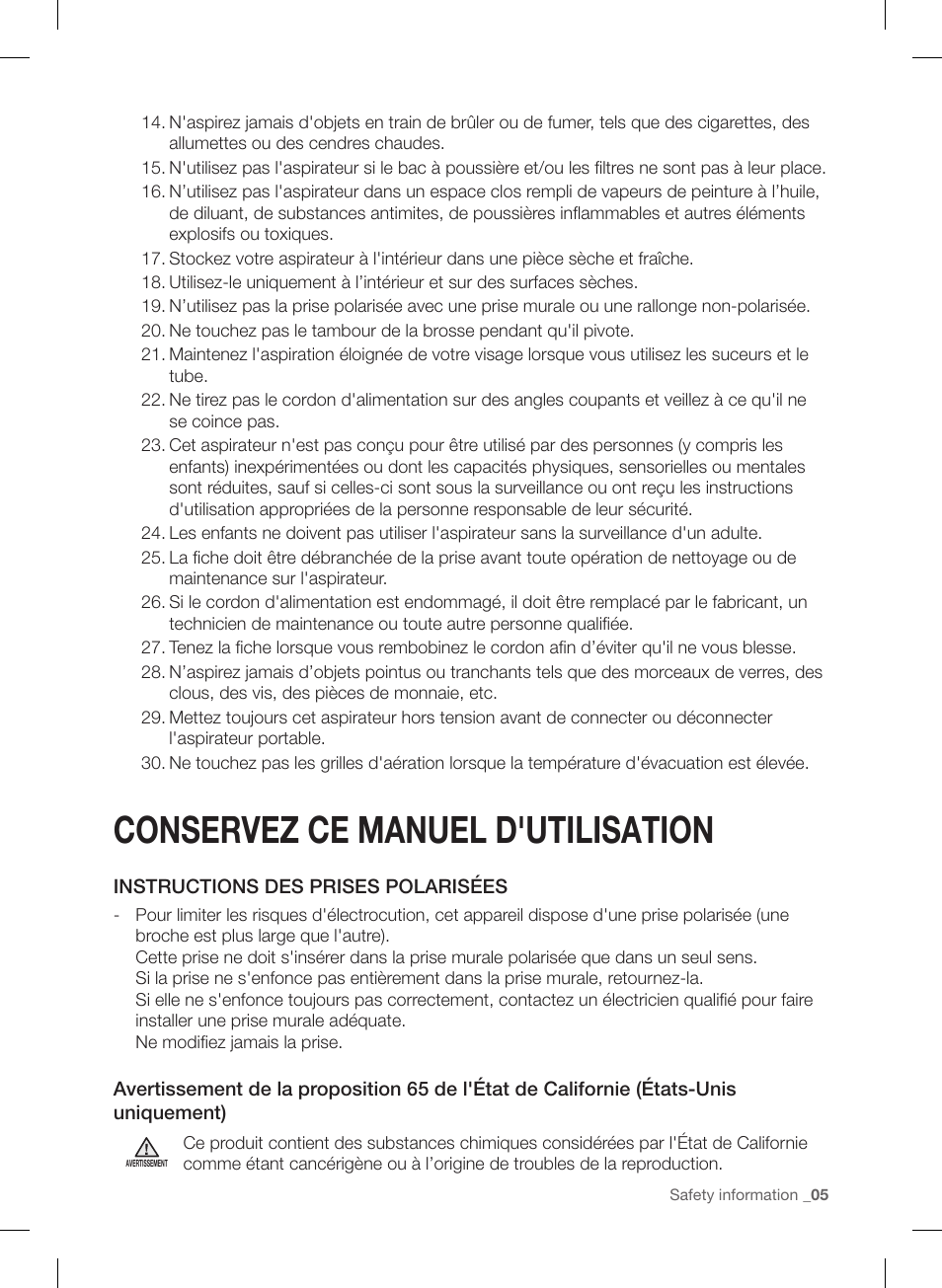 Conservez ce manuel d'utilisation | Samsung VU12F40SBBT-AA User Manual | Page 33 / 84