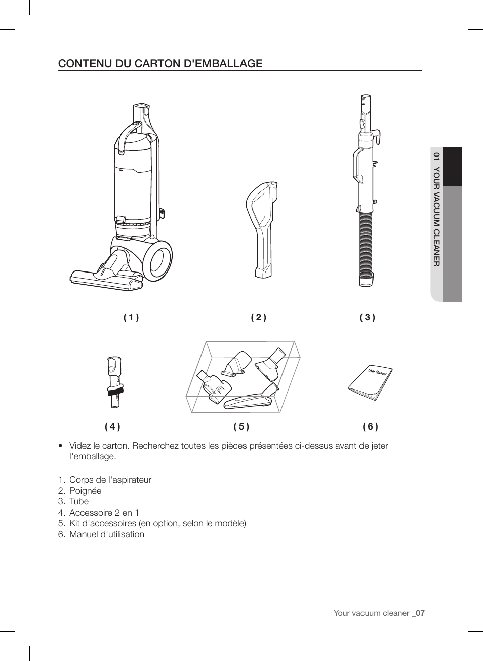 Contenu du carton d'emballage | Samsung VU12F40SBBT-AA User Manual | Page 35 / 84