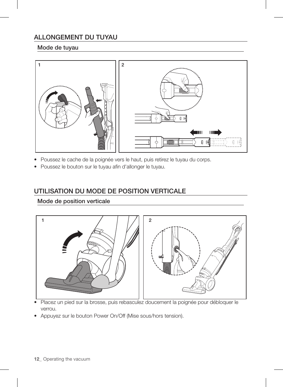 Allongement du tuyau, Utilisation du mode de position verticale | Samsung VU12F40SBBT-AA User Manual | Page 40 / 84
