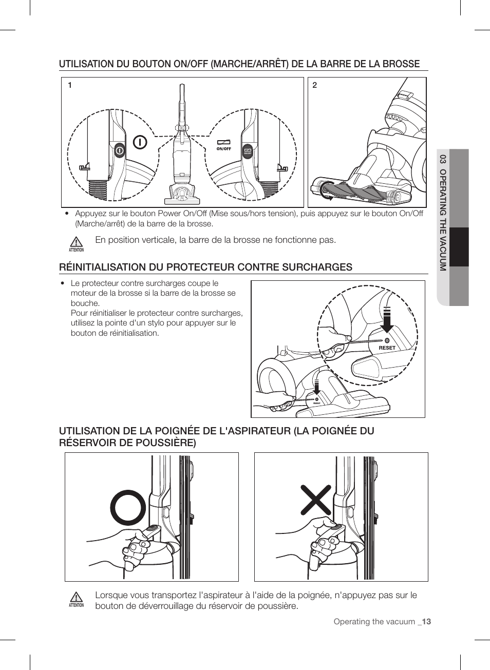 Réinitialisation du protecteur contre surcharges | Samsung VU12F40SBBT-AA User Manual | Page 41 / 84