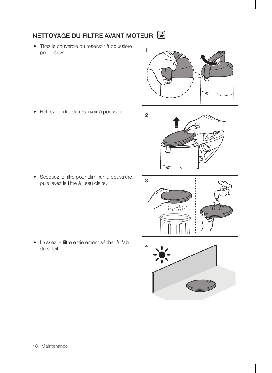 Nettoyage du filtre avant moteur | Samsung VU12F40SBBT-AA User Manual | Page 46 / 84