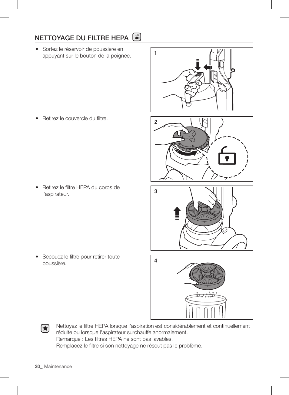 Nettoyage du filtre hepa | Samsung VU12F40SBBT-AA User Manual | Page 48 / 84