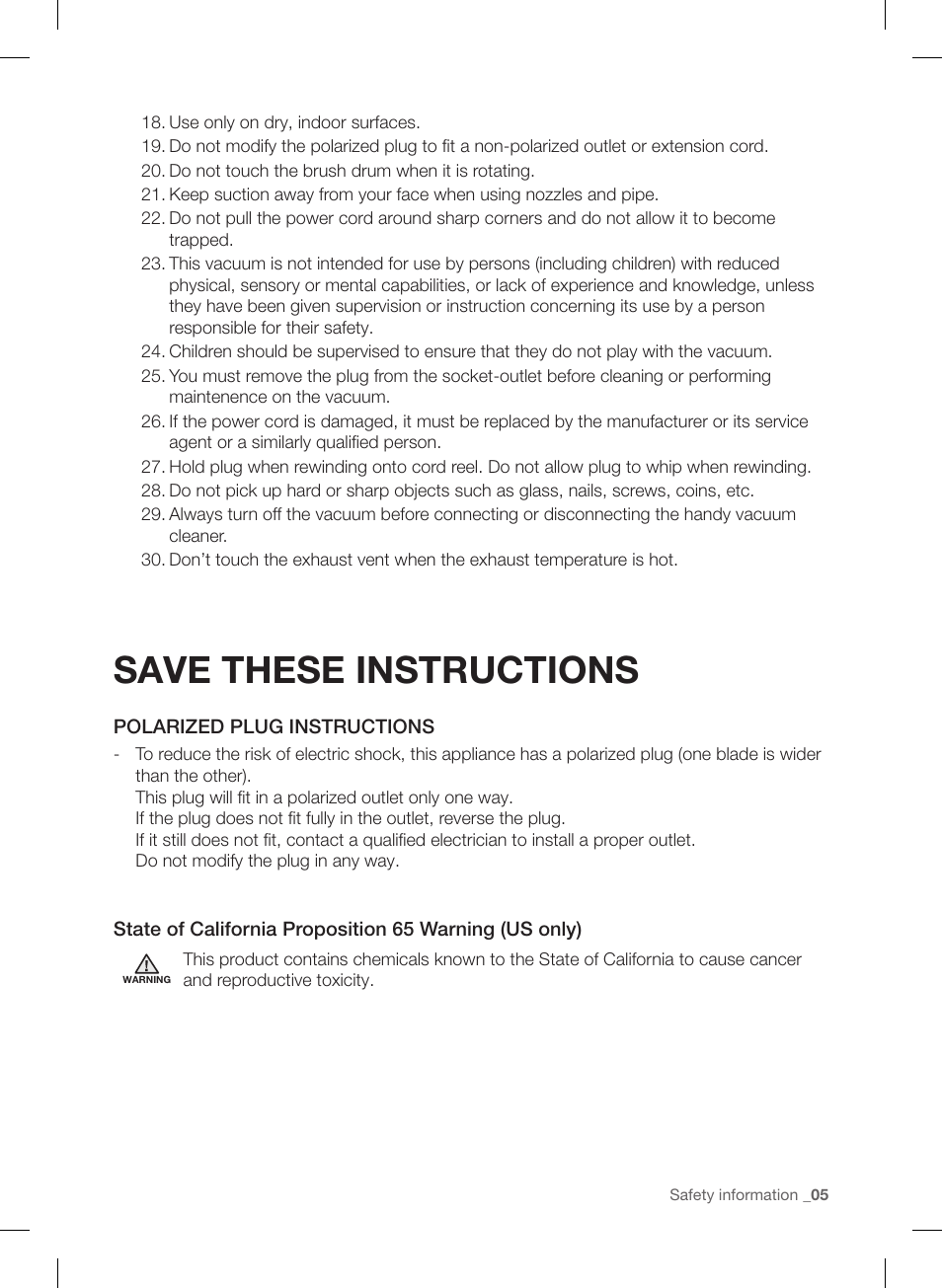 Save these instructions | Samsung VU12F40SBBT-AA User Manual | Page 5 / 84