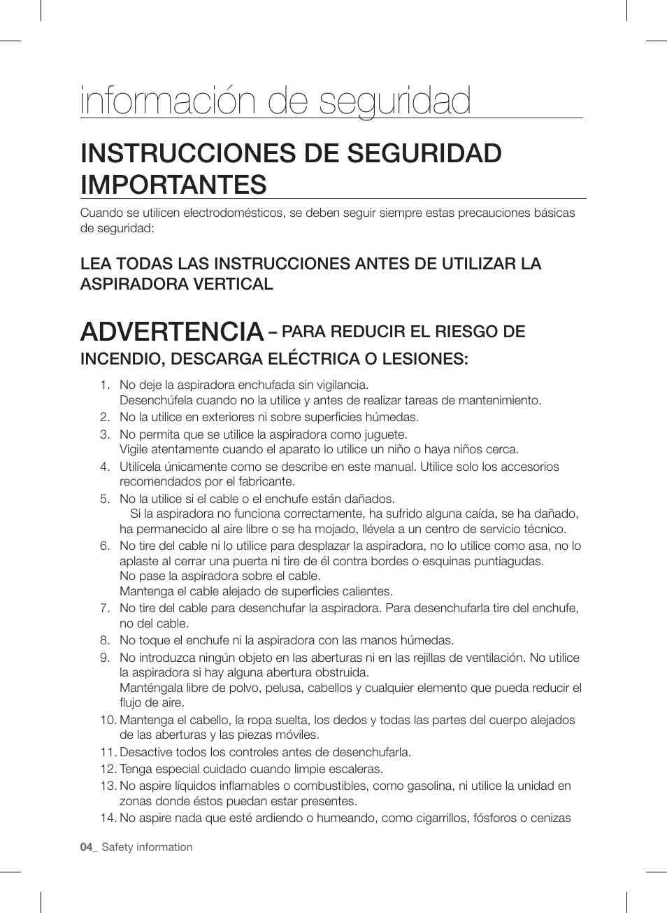 Información de seguridad, Instrucciones de seguridad importantes, Advertencia | Samsung VU12F40SBBT-AA User Manual | Page 60 / 84