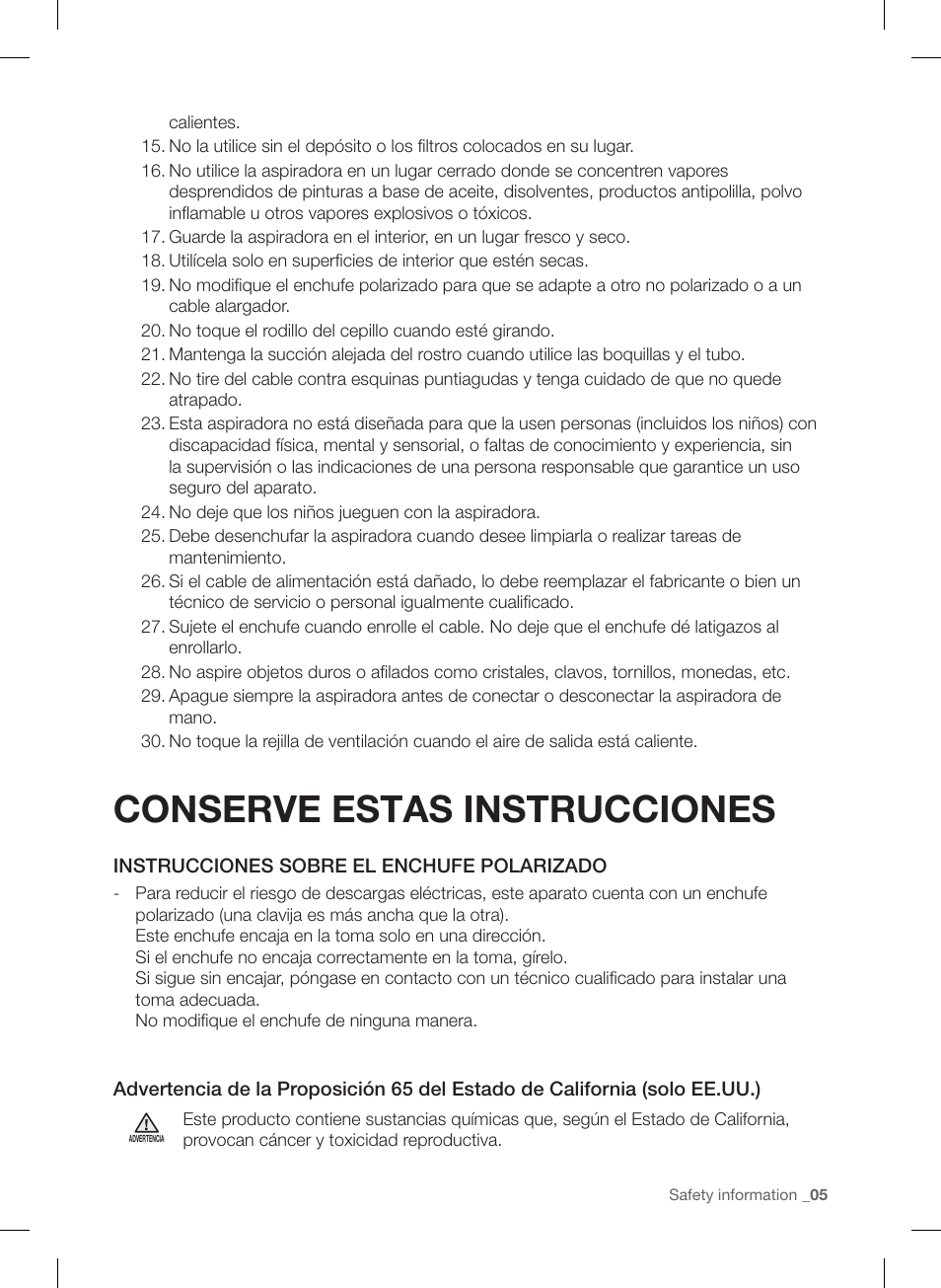 Conserve estas instrucciones | Samsung VU12F40SBBT-AA User Manual | Page 61 / 84