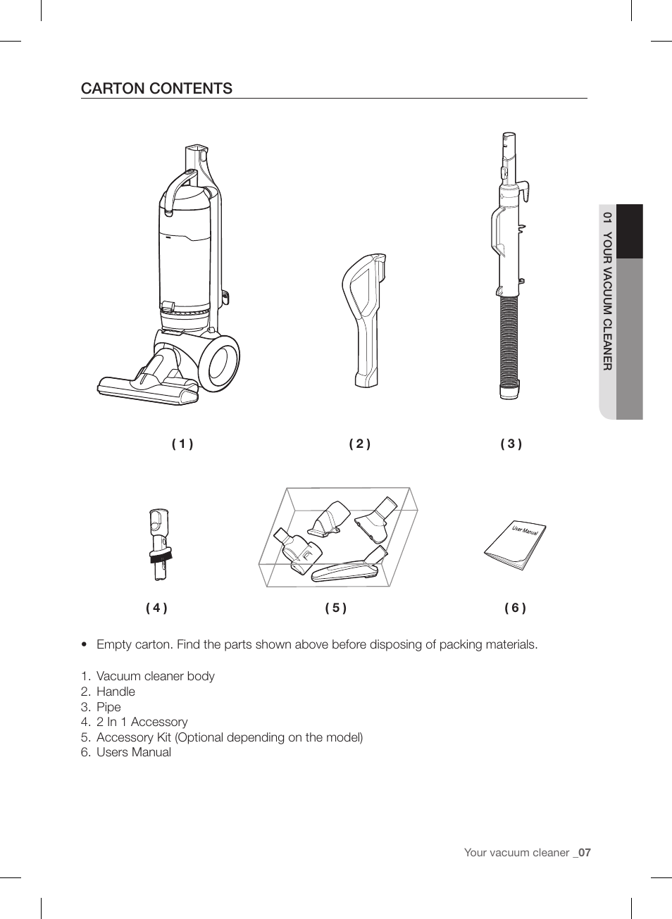 Carton contents | Samsung VU12F40SBBT-AA User Manual | Page 7 / 84