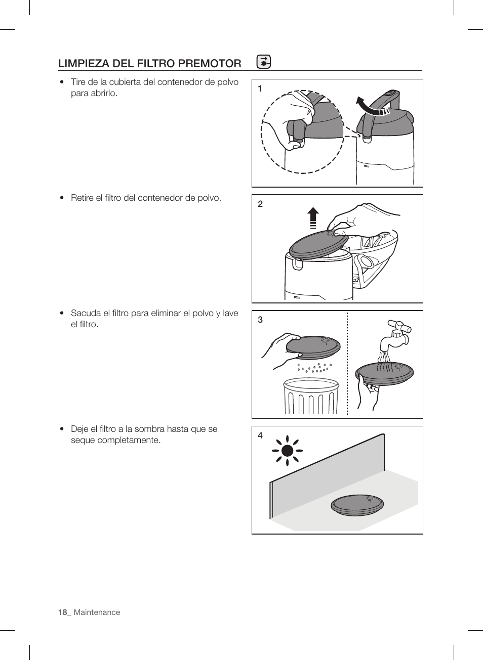 Limpieza del filtro premotor | Samsung VU12F40SBBT-AA User Manual | Page 74 / 84