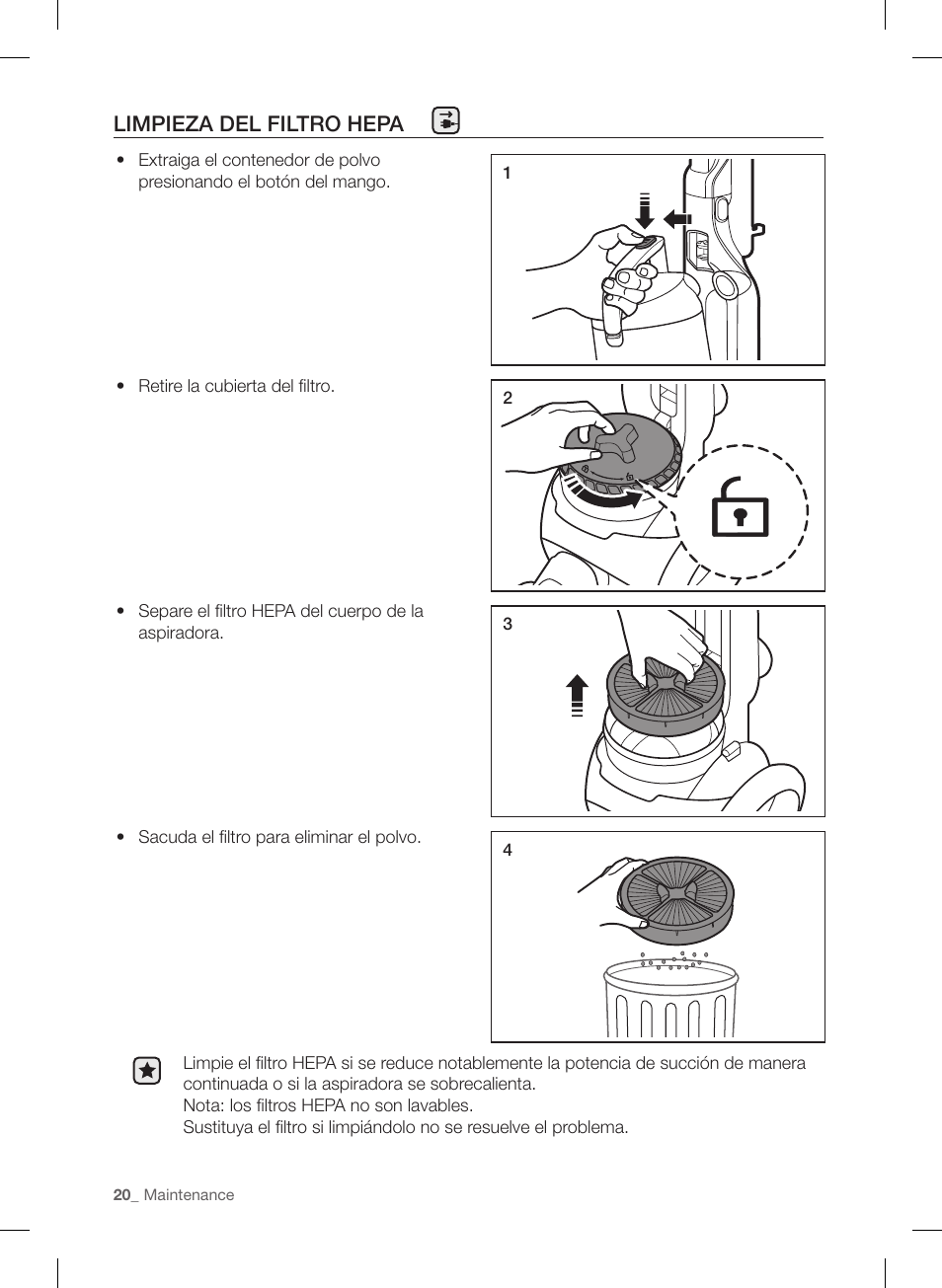 Limpieza del filtro hepa | Samsung VU12F40SBBT-AA User Manual | Page 76 / 84