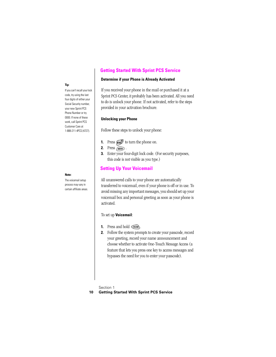 Getting started with sprint pcs service, Determine if your phone is already activated, Unlocking your phone | Setting up your voicemail | Samsung SPH-N300NS-XAR User Manual | Page 10 / 163