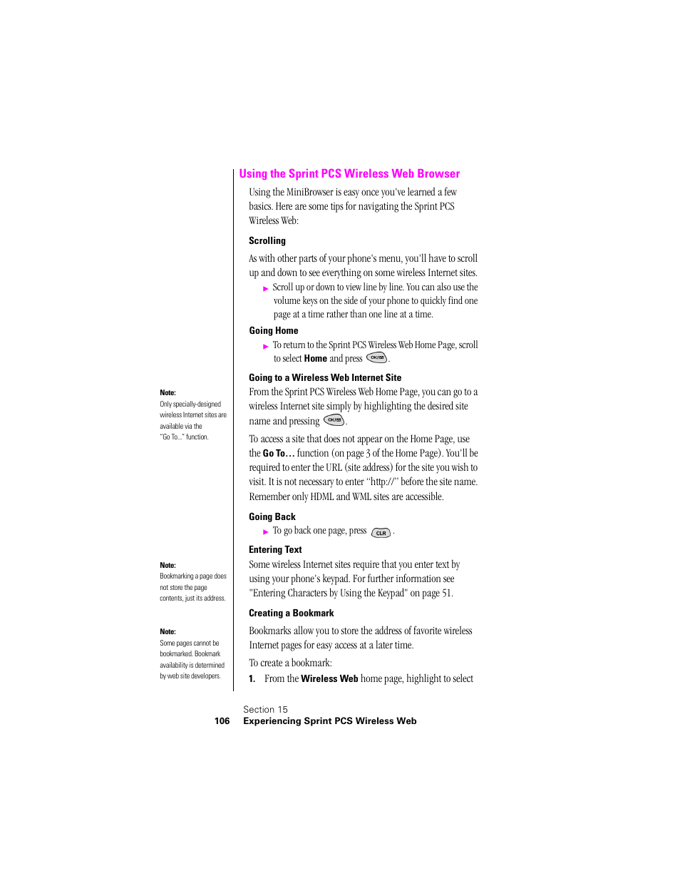 Using the sprint pcs wireless web browser, Scrolling, Going to a wireless web internet site | Going back, Entering text, Creating a bookmark | Samsung SPH-N300NS-XAR User Manual | Page 106 / 163