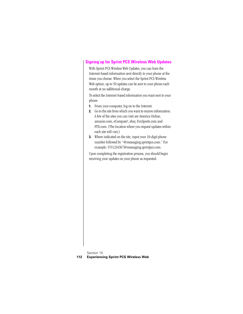 Signing up for sprint pcs wireless web updates | Samsung SPH-N300NS-XAR User Manual | Page 112 / 163