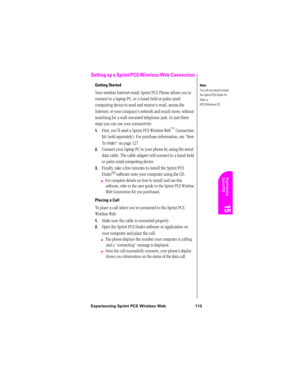 Setting up a sprint pcs wireless web connection, Getting started, Placing a call | Samsung SPH-N300NS-XAR User Manual | Page 113 / 163