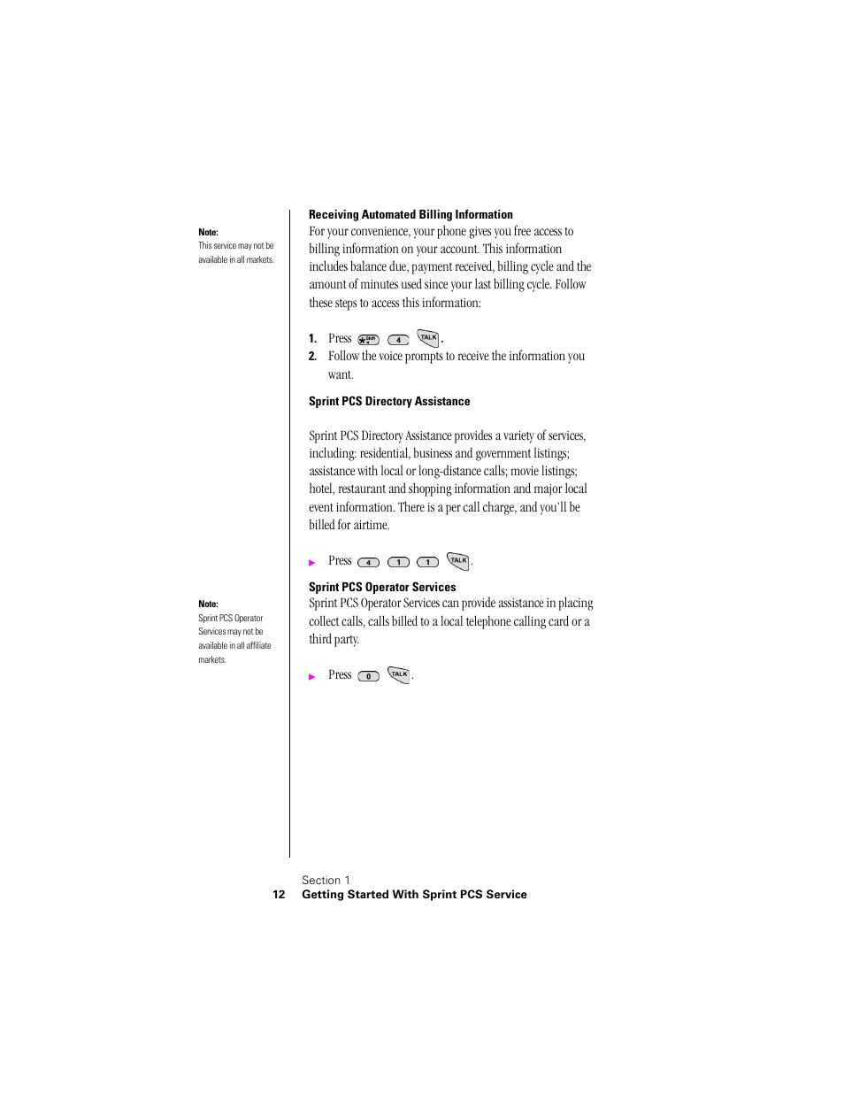Receiving automated billing information, Sprint pcs directory assistance, Sprint pcs operator services | Samsung SPH-N300NS-XAR User Manual | Page 12 / 163