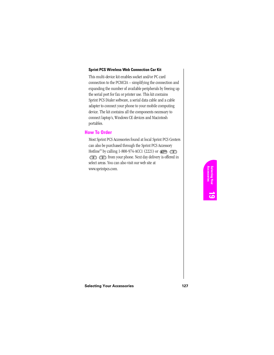 Sprint pcs wireless web connection car kit, How to order | Samsung SPH-N300NS-XAR User Manual | Page 127 / 163