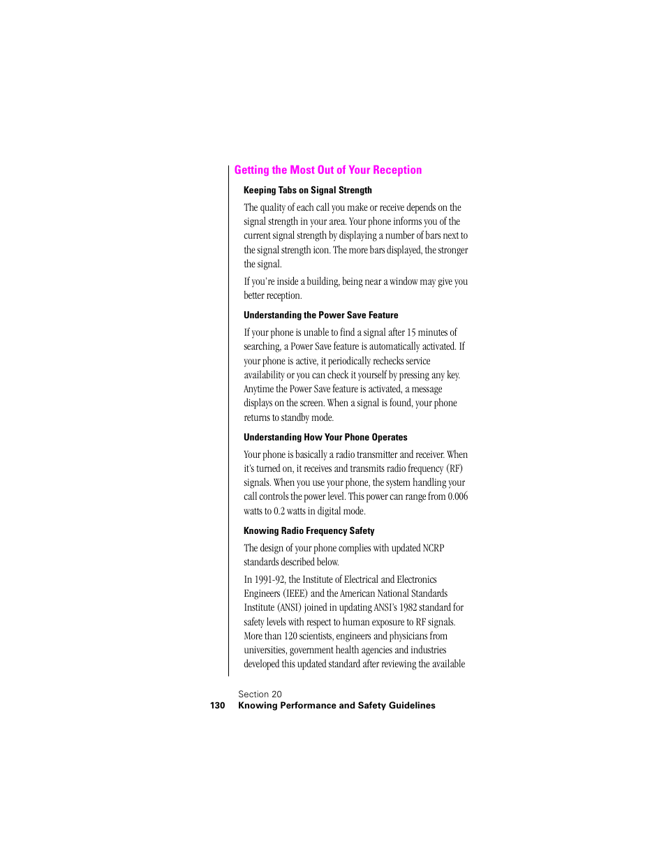 Getting the most out of your reception, Keeping tabs on signal strength, Understanding the power save feature | Understanding how your phone operates, Knowing radio frequency safety | Samsung SPH-N300NS-XAR User Manual | Page 130 / 163