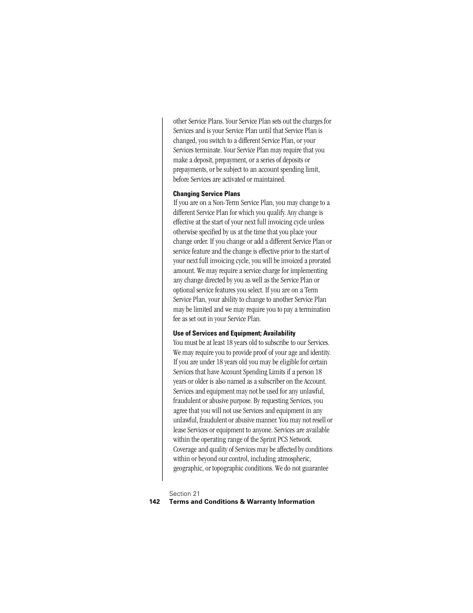 Changing service plans, Use of services and equipment; availability | Samsung SPH-N300NS-XAR User Manual | Page 142 / 163