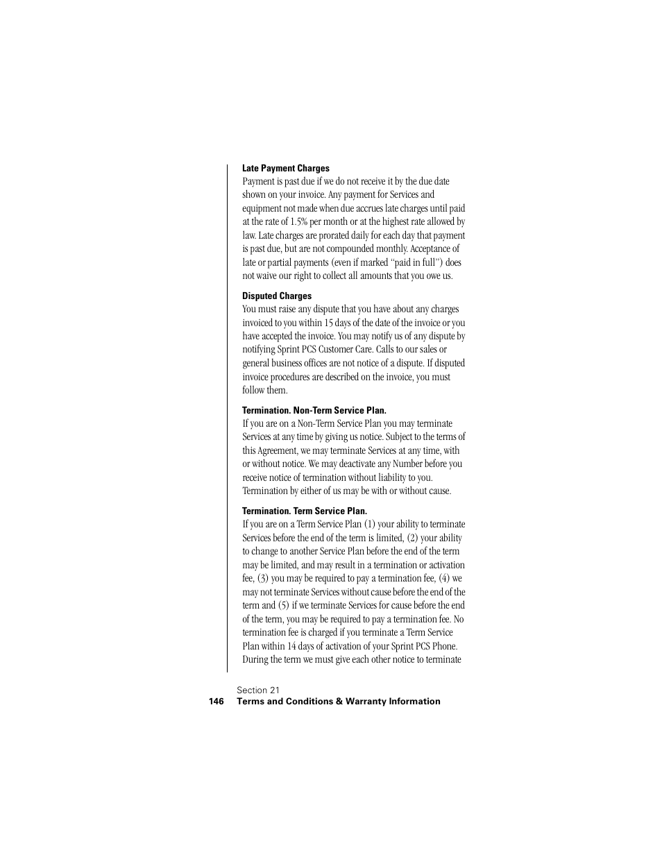 Late payment charges, Disputed charges, Termination. non-term service plan | Termination. term service plan | Samsung SPH-N300NS-XAR User Manual | Page 146 / 163