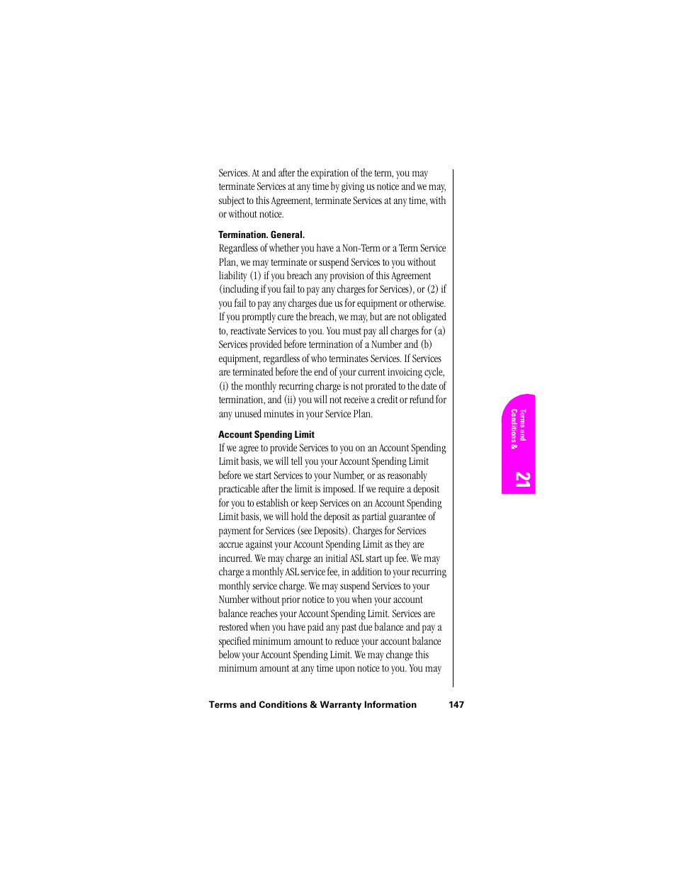 Termination. general, Account spending limit | Samsung SPH-N300NS-XAR User Manual | Page 147 / 163