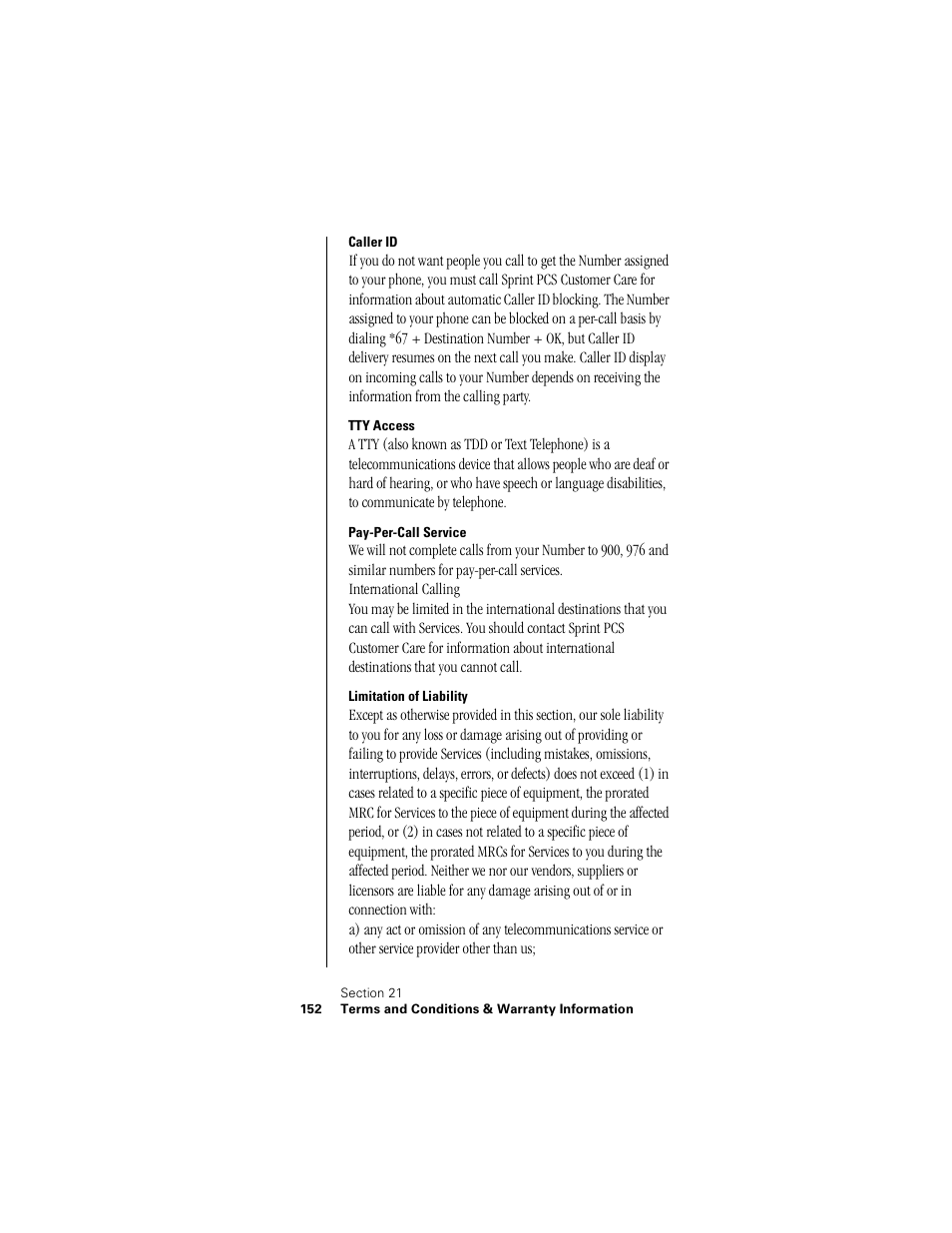 Caller id, Tty access, Pay-per-call service | Limitation of liability | Samsung SPH-N300NS-XAR User Manual | Page 152 / 163
