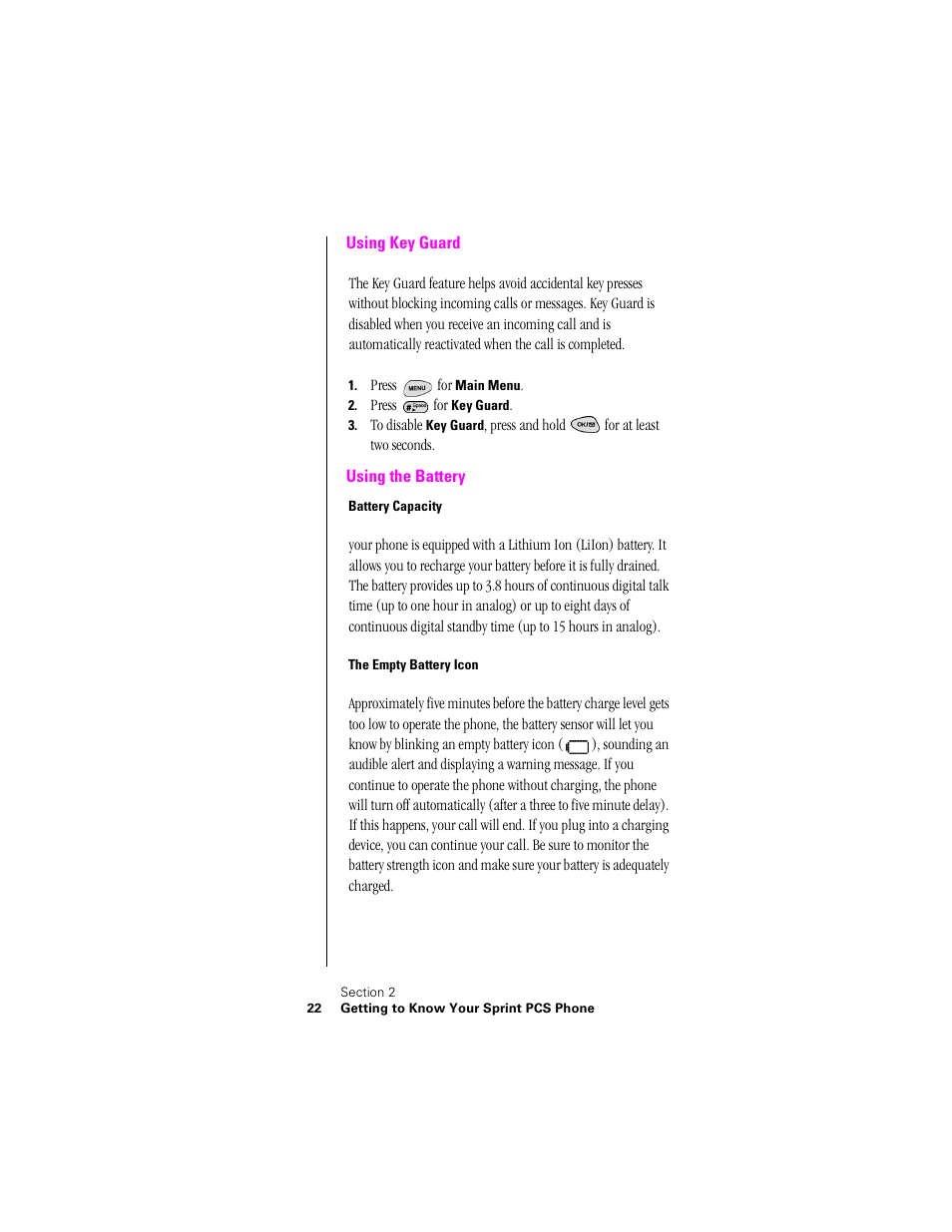 Using key guard, Using the battery, Battery capacity | The empty battery icon, Using key guard using the battery | Samsung SPH-N300NS-XAR User Manual | Page 22 / 163