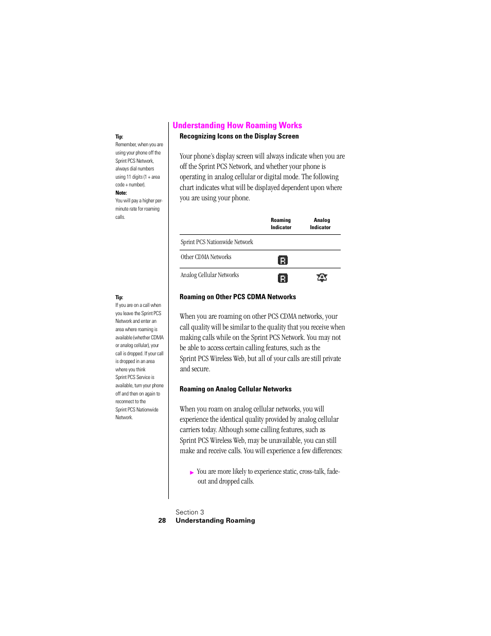 Understanding how roaming works, Recognizing icons on the display screen, Roaming on other pcs cdma networks | Roaming on analog cellular networks | Samsung SPH-N300NS-XAR User Manual | Page 28 / 163