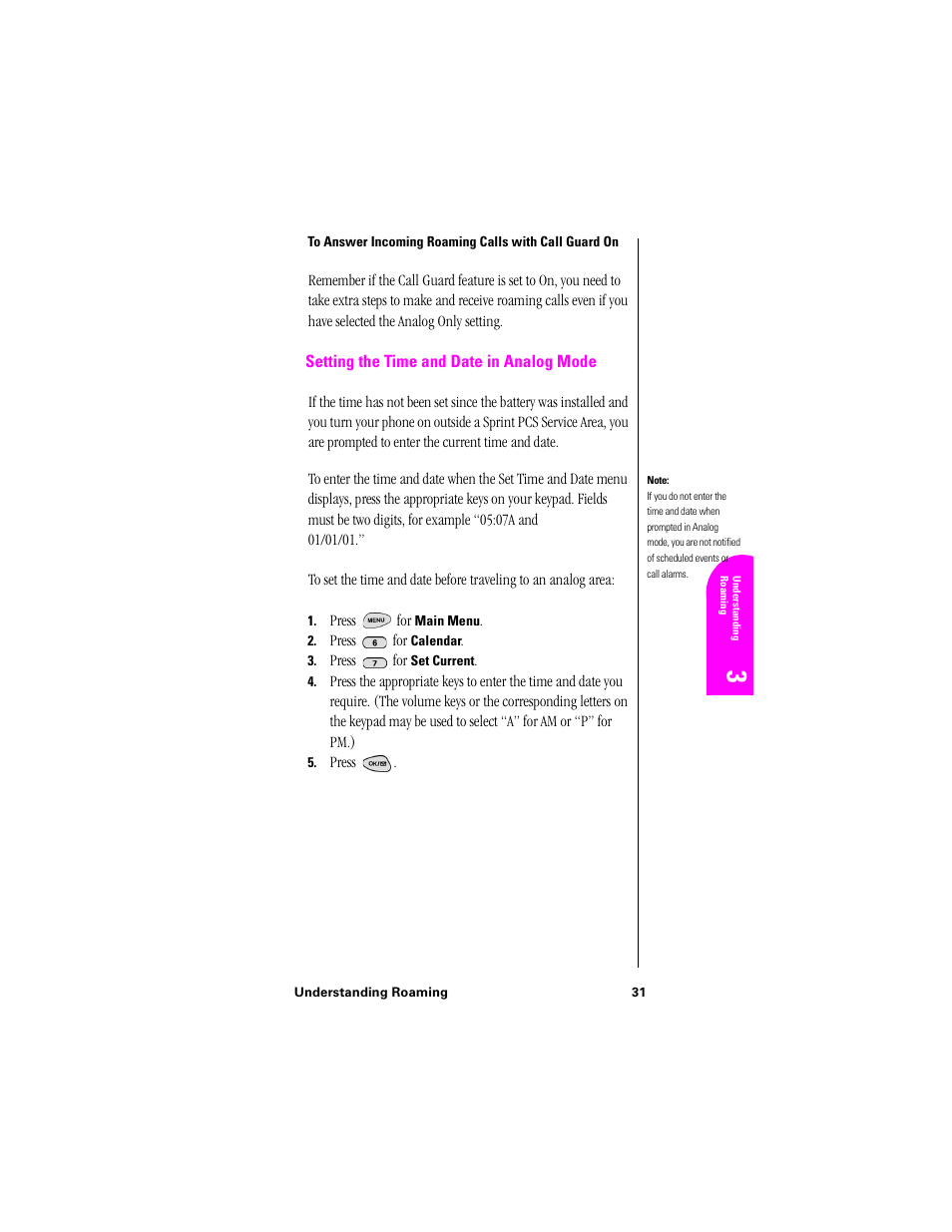 Setting the time and date in analog mode | Samsung SPH-N300NS-XAR User Manual | Page 31 / 163