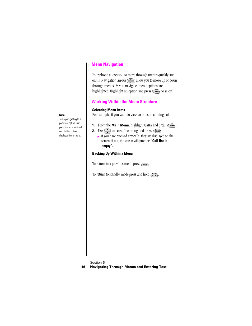 Menu navigation, Working within the menu structure, Selecting menu items | Backing up within a menu, Menu navigation working within the menu structure | Samsung SPH-N300NS-XAR User Manual | Page 46 / 163