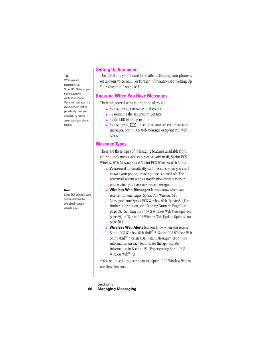 Setting up voicemail, Knowing when you have messages, Message types | There are several ways your phone alerts you | Samsung SPH-N300NS-XAR User Manual | Page 66 / 163