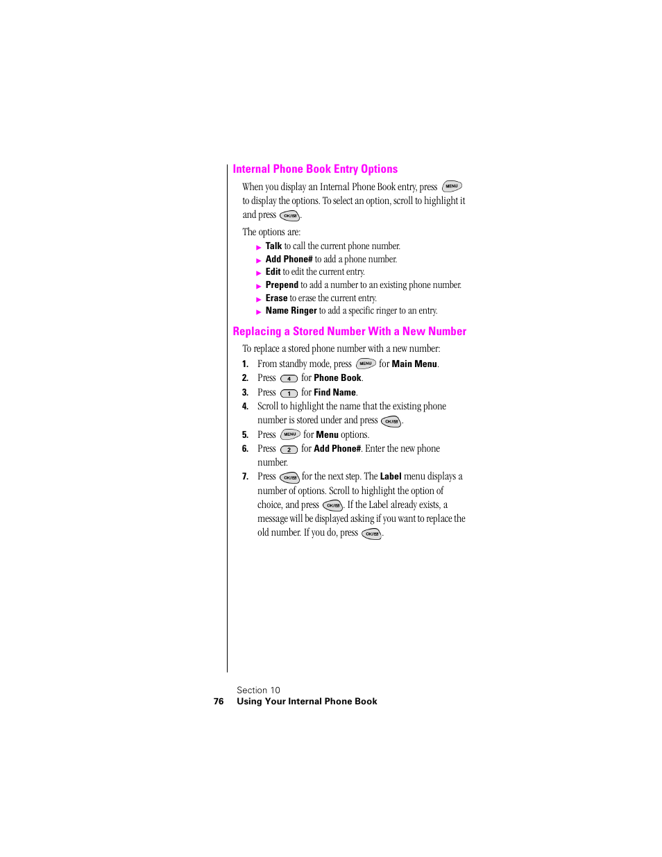 Internal phone book entry options, Replacing a stored number with a new number | Samsung SPH-N300NS-XAR User Manual | Page 76 / 163