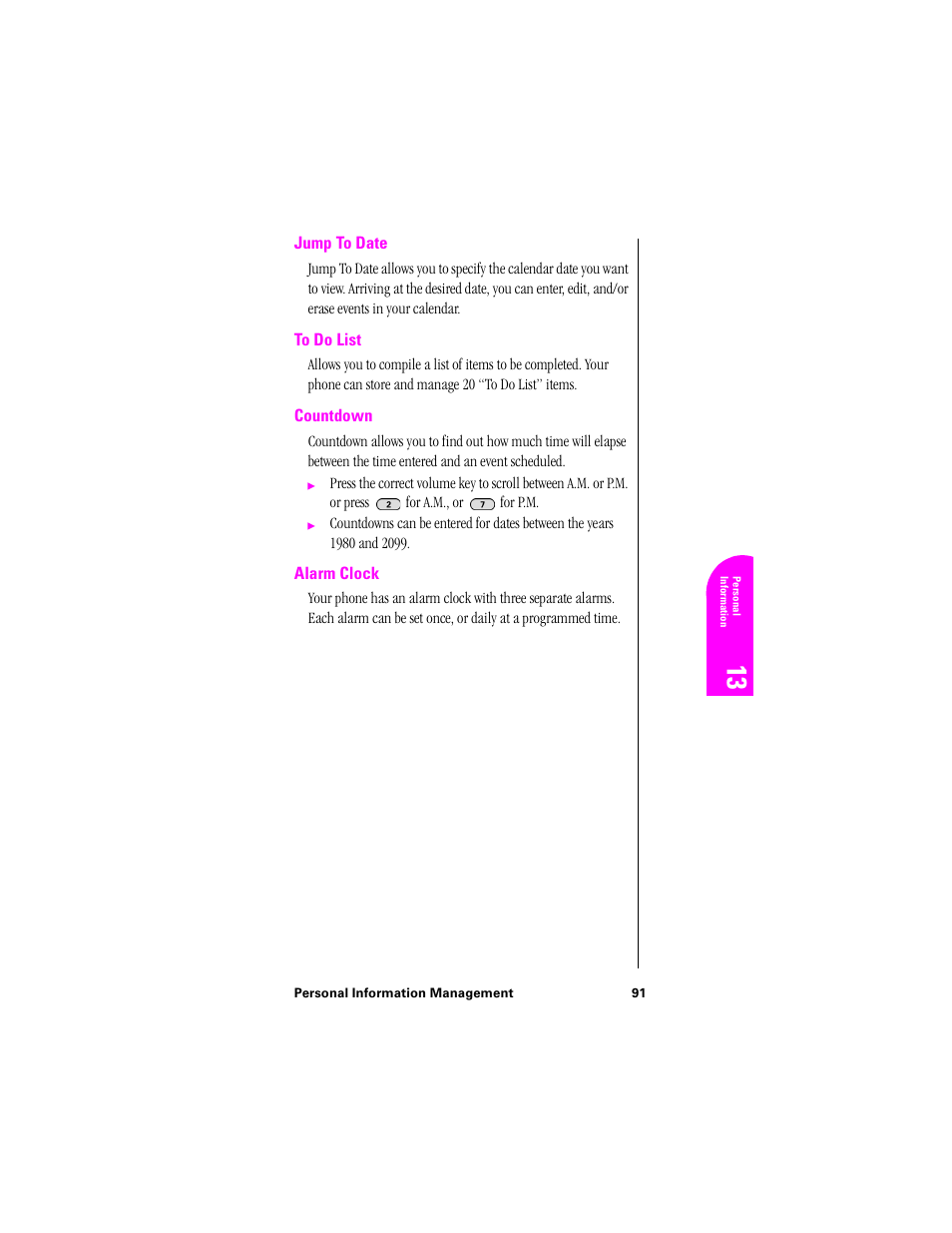 Jump to date, To do list, Countdown | Alarm clock, Jump to date to do list countdown alarm clock | Samsung SPH-N300NS-XAR User Manual | Page 91 / 163