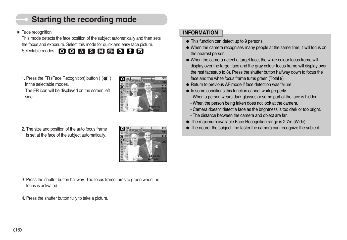 Starting the recording mode | Samsung EC-S1050BDA-AS User Manual | Page 19 / 102