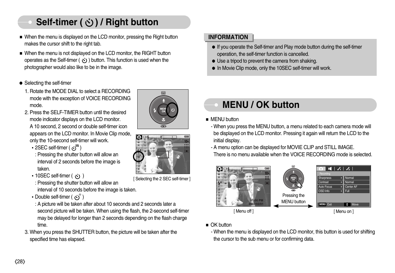 Menu / ok button, Self-timer ( ) / right button | Samsung EC-S1050BDA-AS User Manual | Page 29 / 102
