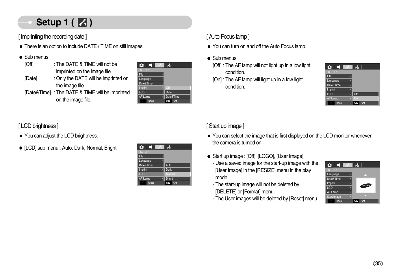 Setup 1 ( ), Imprinting the recording date, Lcd brightness | Auto focus lamp, Start up image | Samsung EC-S1050BDA-AS User Manual | Page 36 / 102