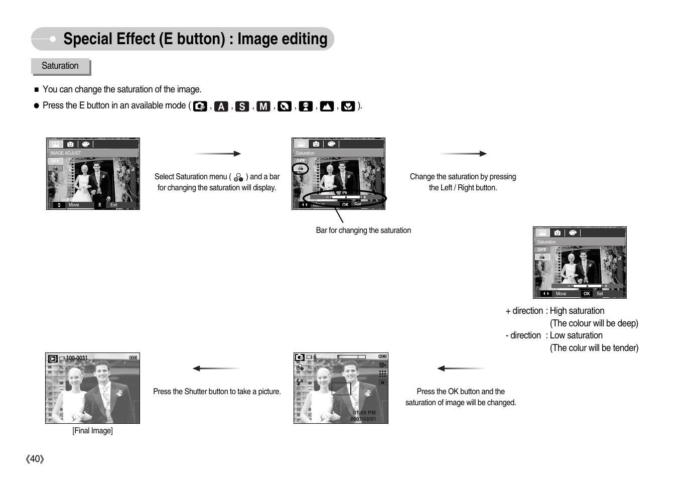 Special effect (e button) : image editing, 40》 saturation | Samsung EC-S1050BDA-AS User Manual | Page 41 / 102