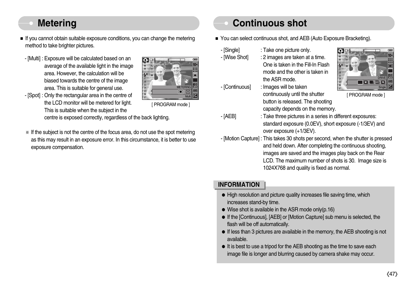 Continuous shot, Metering | Samsung EC-S1050BDA-AS User Manual | Page 48 / 102