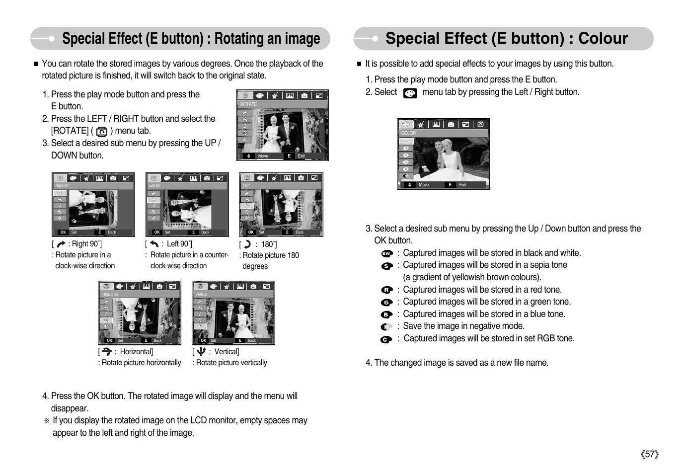 Special effect (e button) : rotating an image, Special effect (e button) : colour | Samsung EC-S1050BDA-AS User Manual | Page 58 / 102