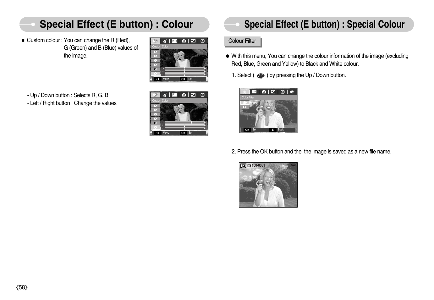 Special effect (e button) : special colour, Special effect (e button) : colour | Samsung EC-S1050BDA-AS User Manual | Page 59 / 102