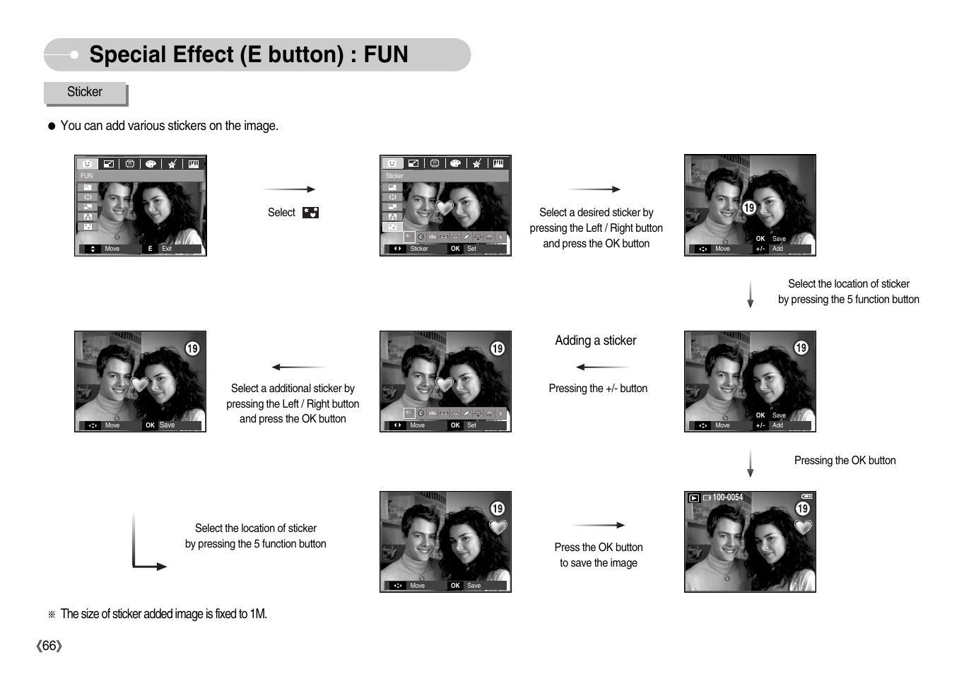 Special effect (e button) : fun, Adding a sticker, The size of sticker added image is fixed to 1m | Samsung EC-S1050BDA-AS User Manual | Page 67 / 102
