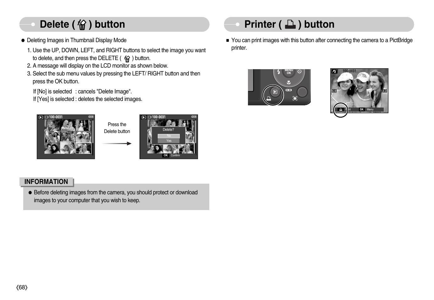 Delete ( ) button printer ( ) button, Information | Samsung EC-S1050BDA-AS User Manual | Page 69 / 102