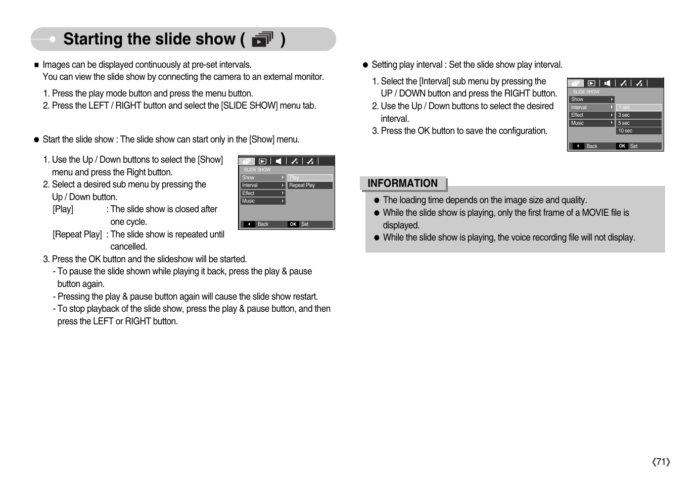 Starting the slide show ( ), Information | Samsung EC-S1050BDA-AS User Manual | Page 72 / 102