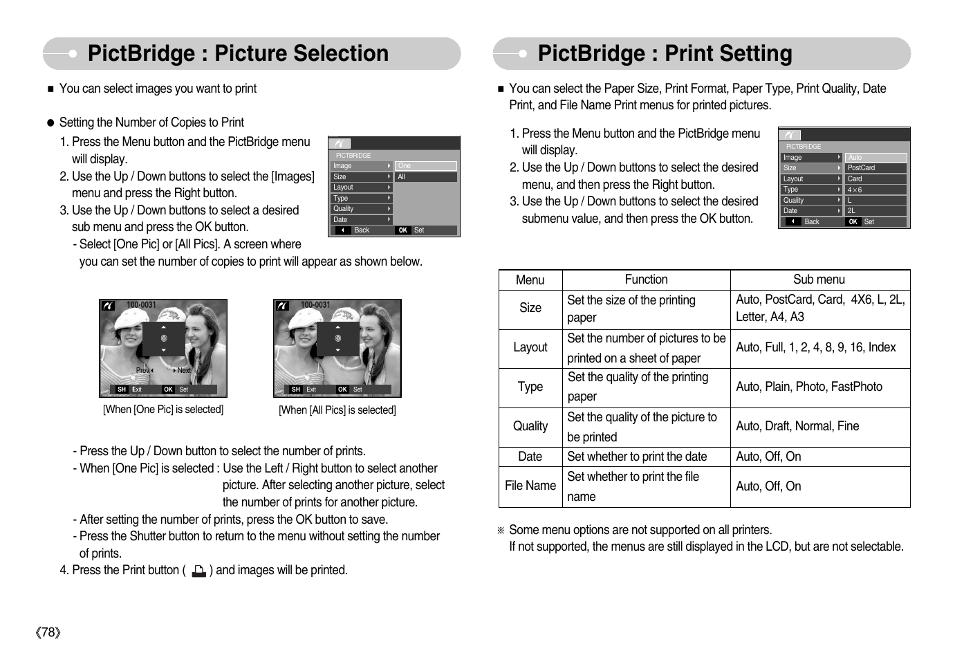 Pictbridge : picture selection, Pictbridge : print setting | Samsung EC-S1050BDA-AS User Manual | Page 79 / 102